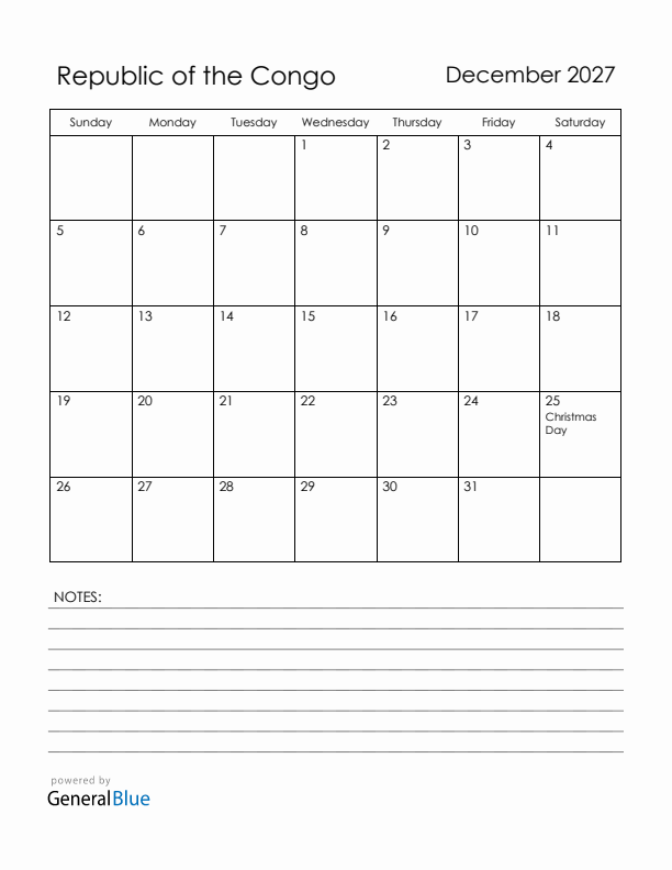 December 2027 Republic of the Congo Calendar with Holidays (Sunday Start)