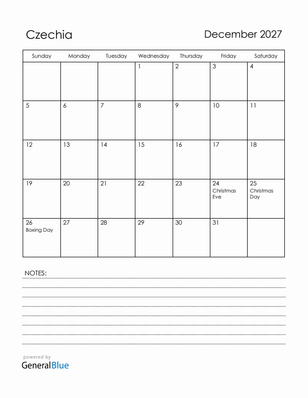 December 2027 Czechia Calendar with Holidays (Sunday Start)