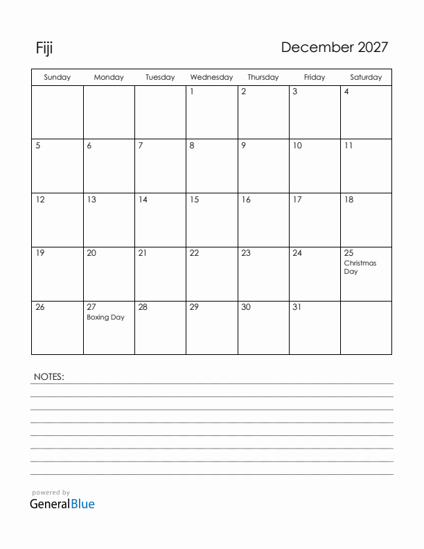 December 2027 Fiji Calendar with Holidays (Sunday Start)