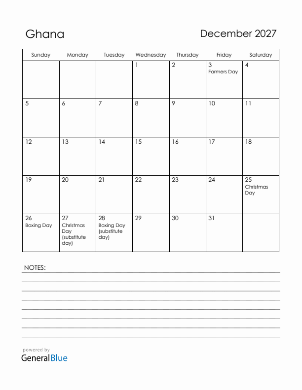 December 2027 Ghana Calendar with Holidays (Sunday Start)