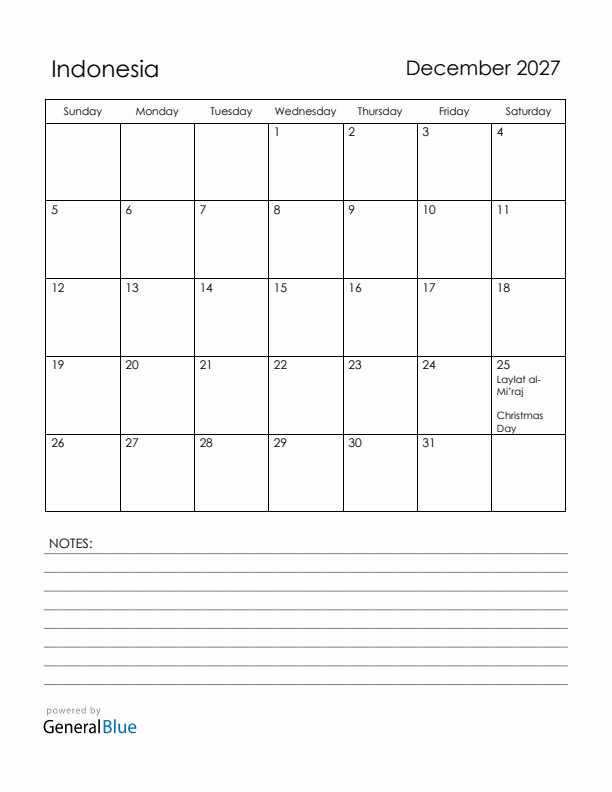 December 2027 Indonesia Calendar with Holidays (Sunday Start)