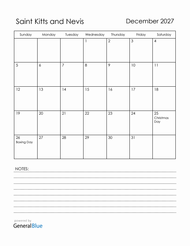 December 2027 Saint Kitts and Nevis Calendar with Holidays (Sunday Start)