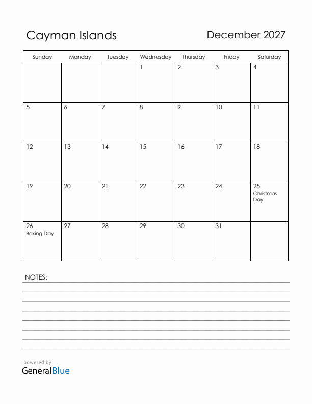 December 2027 Cayman Islands Calendar with Holidays (Sunday Start)