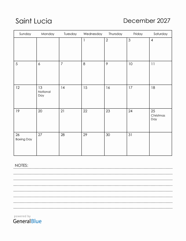 December 2027 Saint Lucia Calendar with Holidays (Sunday Start)