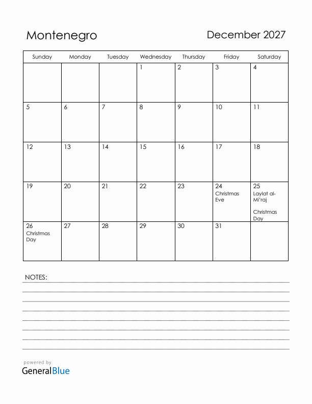 December 2027 Montenegro Calendar with Holidays (Sunday Start)
