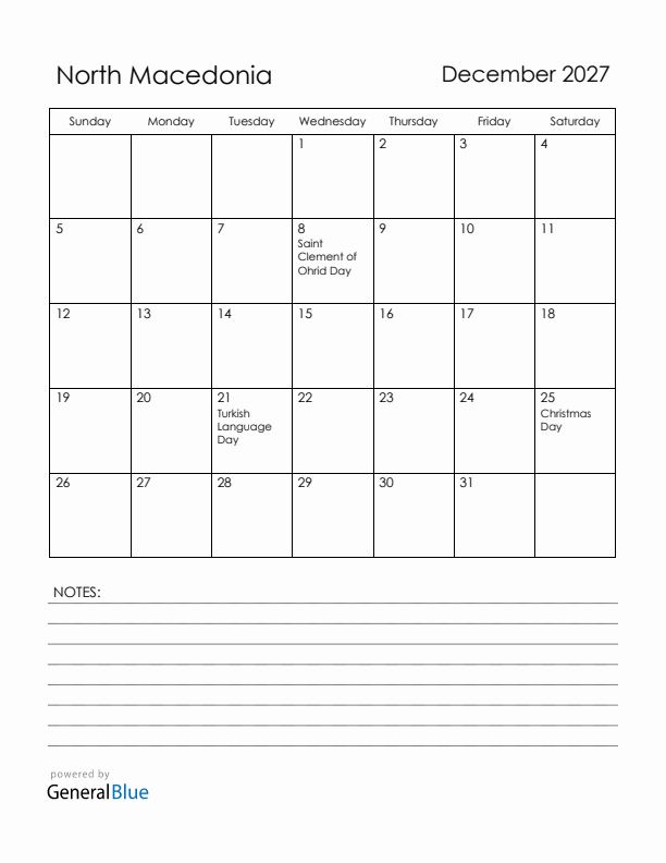 December 2027 North Macedonia Calendar with Holidays (Sunday Start)