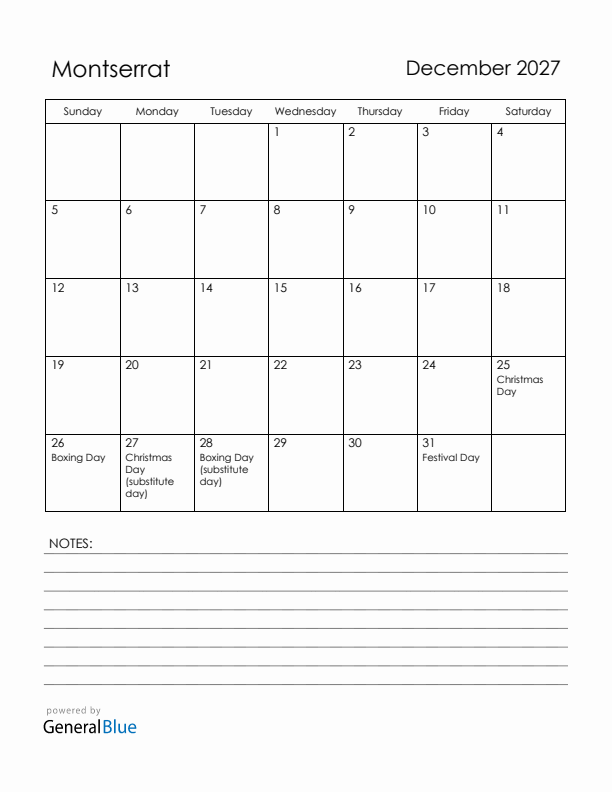 December 2027 Montserrat Calendar with Holidays (Sunday Start)