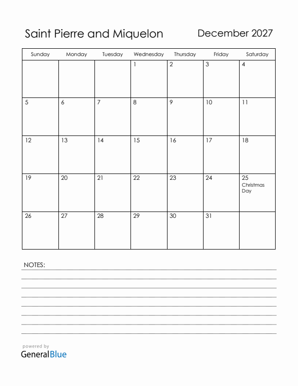 December 2027 Saint Pierre and Miquelon Calendar with Holidays (Sunday Start)