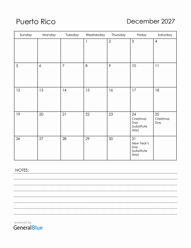 December 2027 Puerto Rico Calendar with Holidays (Sunday Start)