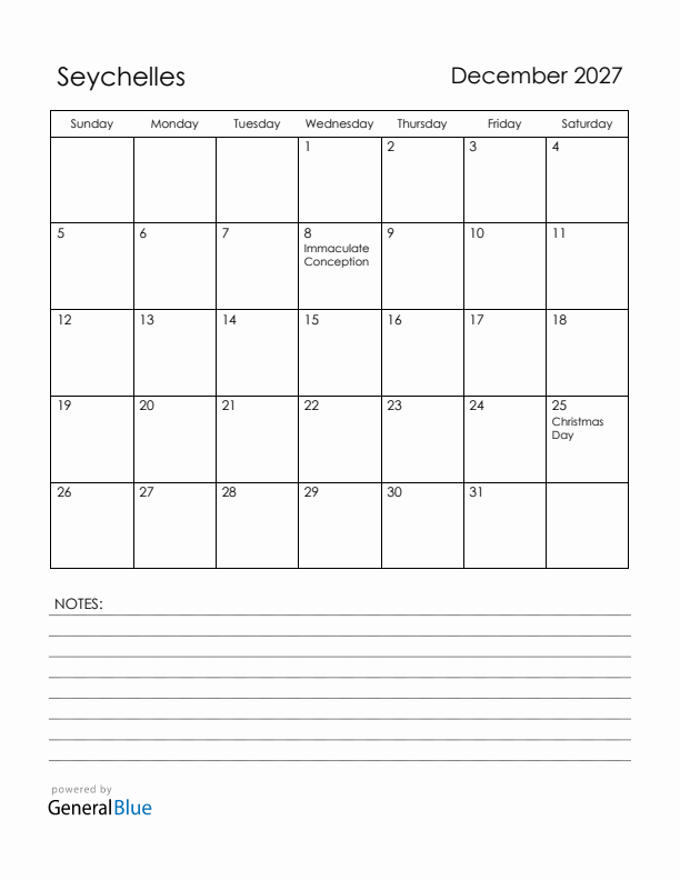 December 2027 Seychelles Calendar with Holidays (Sunday Start)