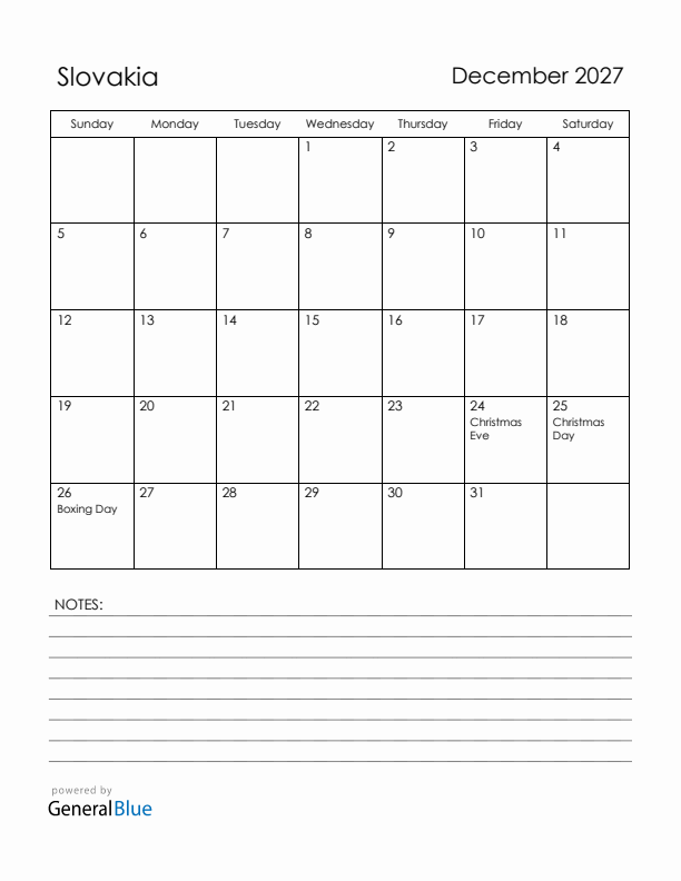 December 2027 Slovakia Calendar with Holidays (Sunday Start)