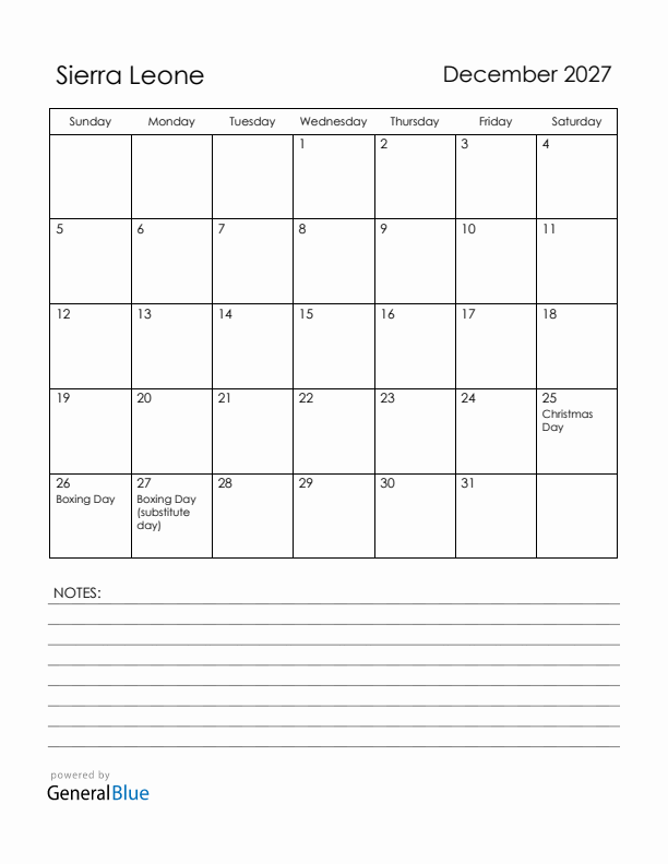 December 2027 Sierra Leone Calendar with Holidays (Sunday Start)