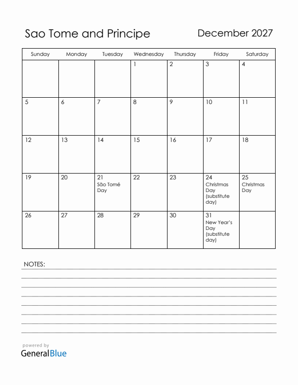December 2027 Sao Tome and Principe Calendar with Holidays (Sunday Start)