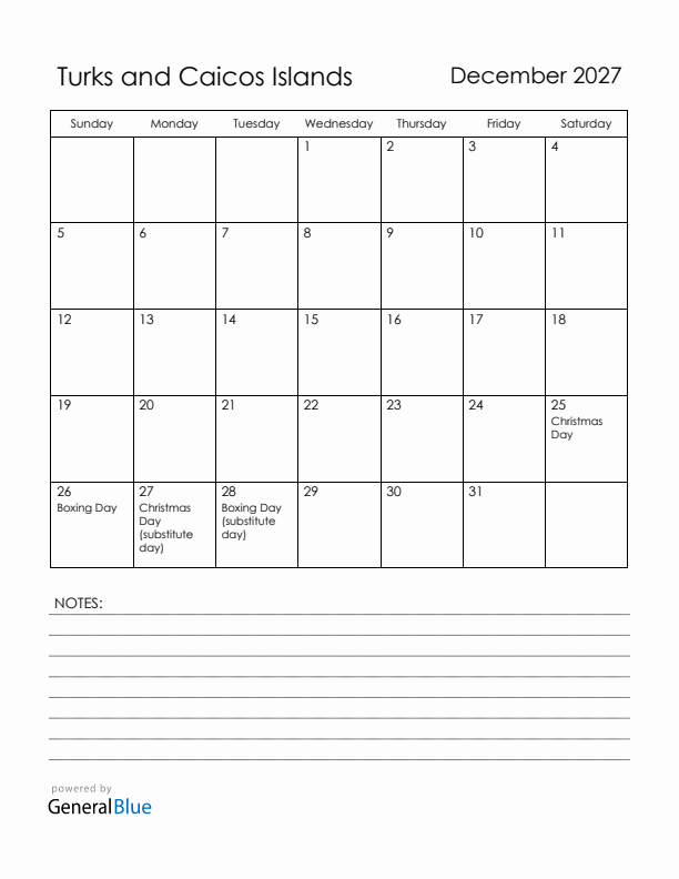 December 2027 Turks and Caicos Islands Calendar with Holidays (Sunday Start)