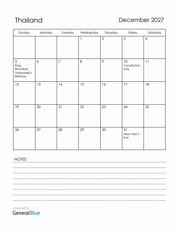 December 2027 Thailand Calendar with Holidays (Sunday Start)
