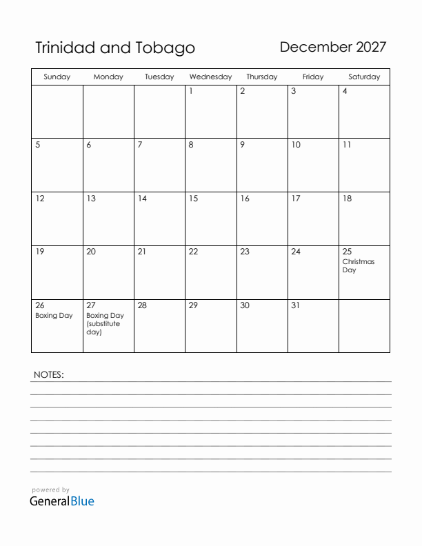 December 2027 Trinidad and Tobago Calendar with Holidays (Sunday Start)
