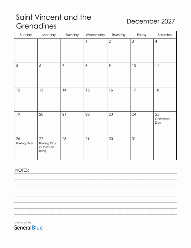 December 2027 Saint Vincent and the Grenadines Calendar with Holidays (Sunday Start)