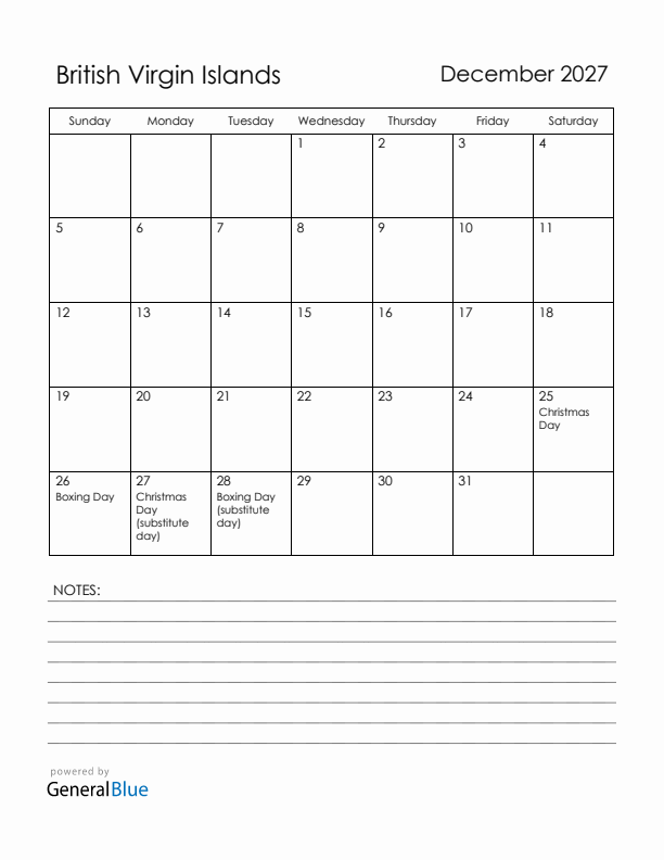 December 2027 British Virgin Islands Calendar with Holidays (Sunday Start)