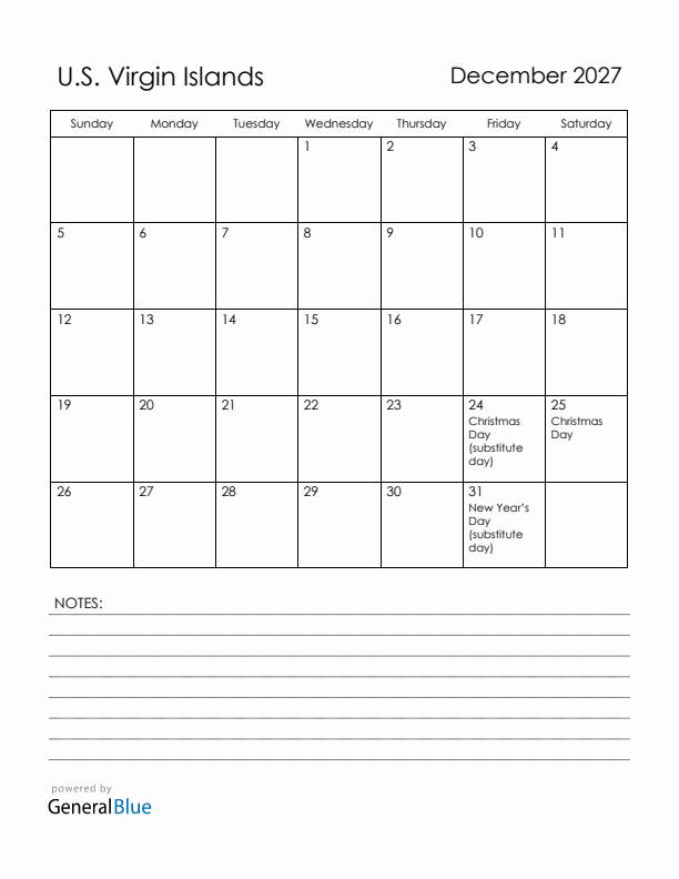 December 2027 U.S. Virgin Islands Calendar with Holidays (Sunday Start)