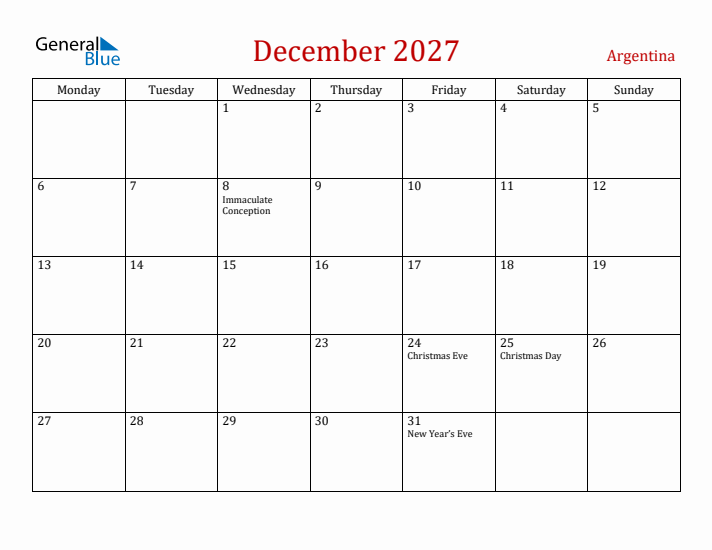 Argentina December 2027 Calendar - Monday Start