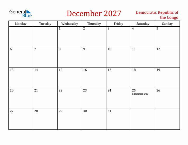 Democratic Republic of the Congo December 2027 Calendar - Monday Start