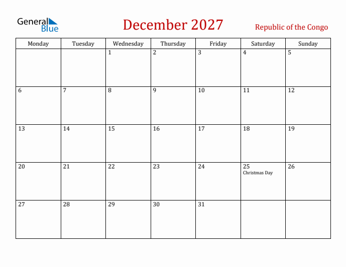 Republic of the Congo December 2027 Calendar - Monday Start