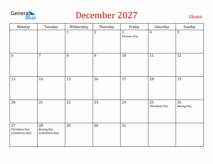 Ghana December 2027 Calendar - Monday Start