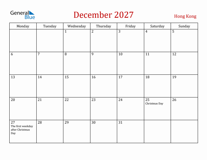 Hong Kong December 2027 Calendar - Monday Start