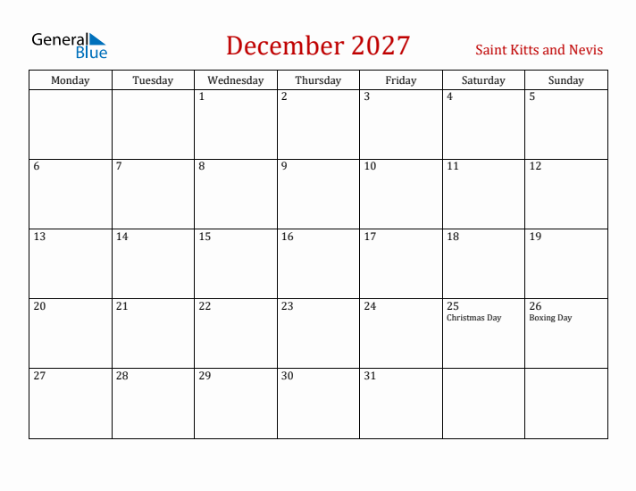 Saint Kitts and Nevis December 2027 Calendar - Monday Start