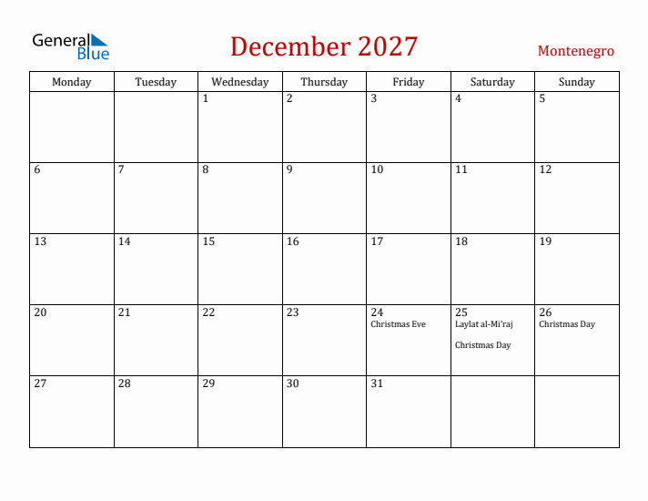 Montenegro December 2027 Calendar - Monday Start