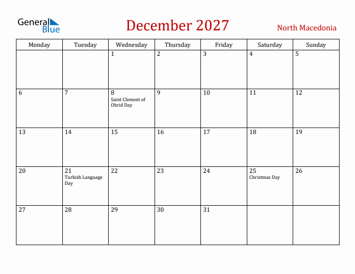 North Macedonia December 2027 Calendar - Monday Start