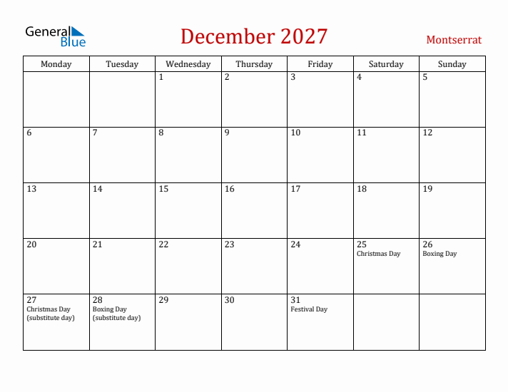 Montserrat December 2027 Calendar - Monday Start
