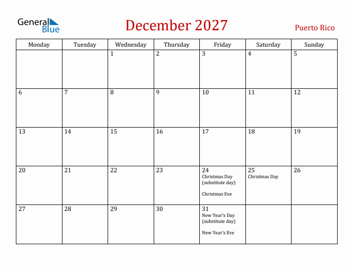 Puerto Rico December 2027 Calendar - Monday Start