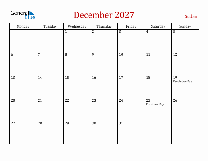 Sudan December 2027 Calendar - Monday Start