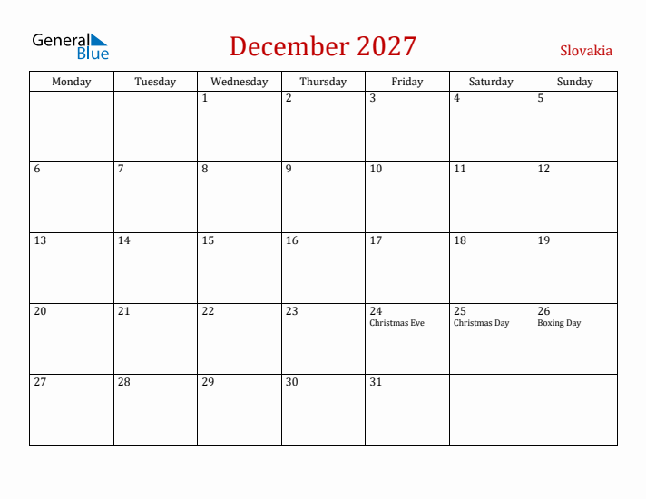 Slovakia December 2027 Calendar - Monday Start
