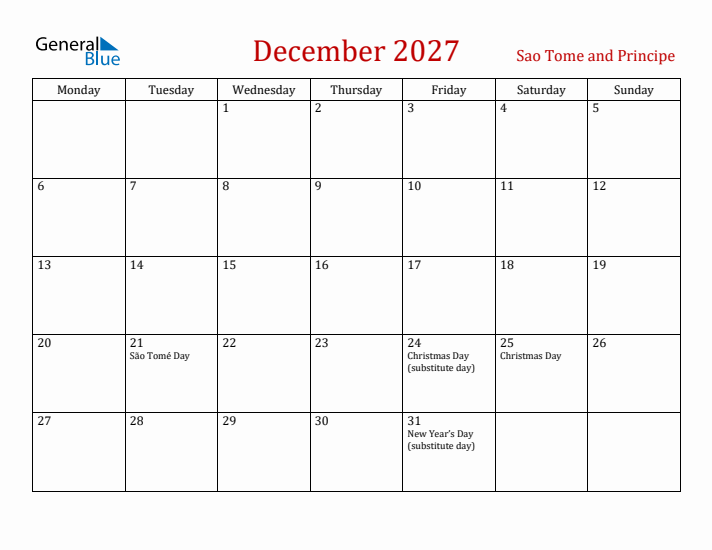 Sao Tome and Principe December 2027 Calendar - Monday Start