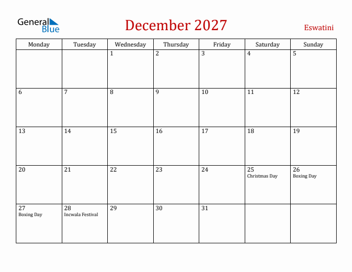 Eswatini December 2027 Calendar - Monday Start