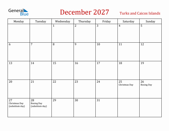 Turks and Caicos Islands December 2027 Calendar - Monday Start