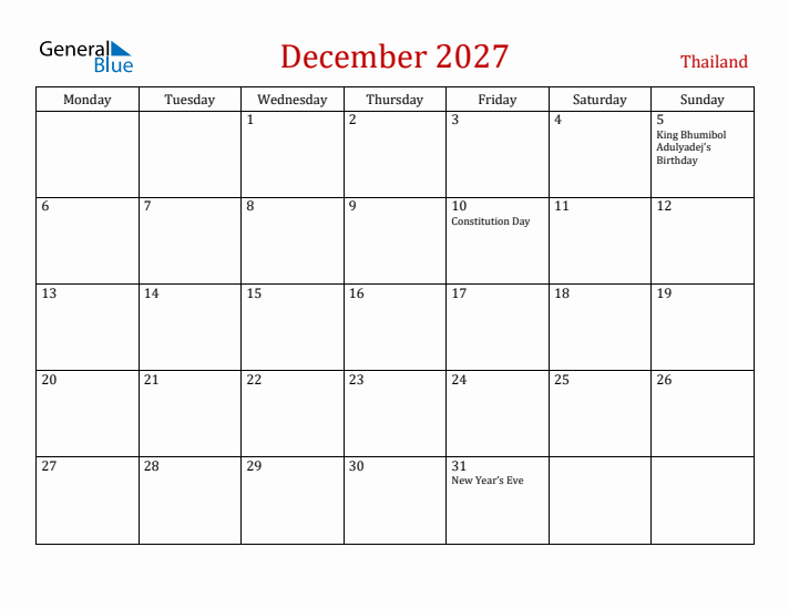 Thailand December 2027 Calendar - Monday Start
