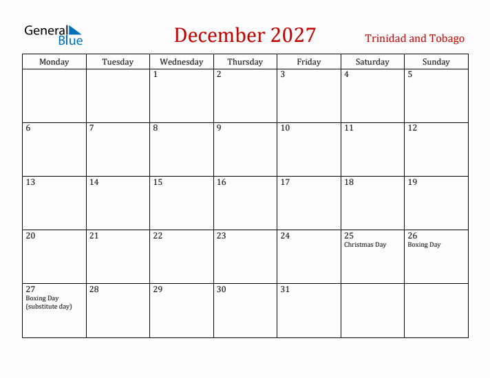 Trinidad and Tobago December 2027 Calendar - Monday Start