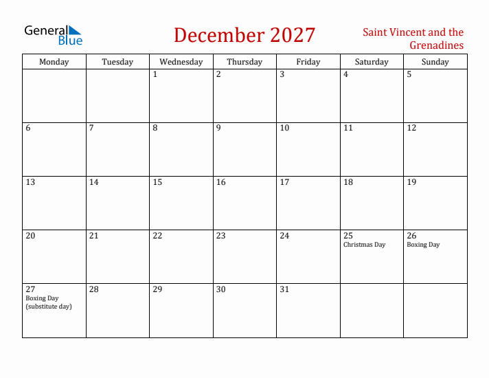 Saint Vincent and the Grenadines December 2027 Calendar - Monday Start