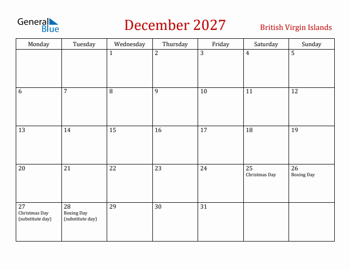 British Virgin Islands December 2027 Calendar - Monday Start