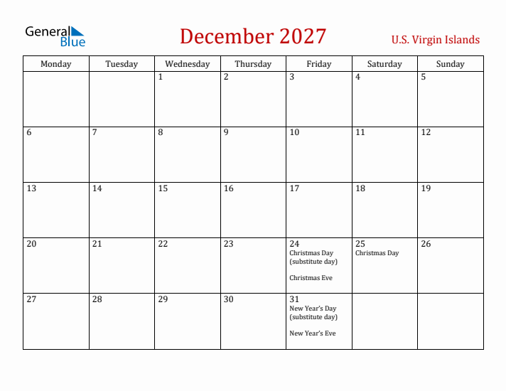 U.S. Virgin Islands December 2027 Calendar - Monday Start