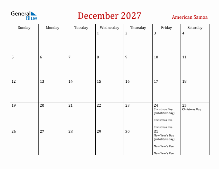 American Samoa December 2027 Calendar - Sunday Start