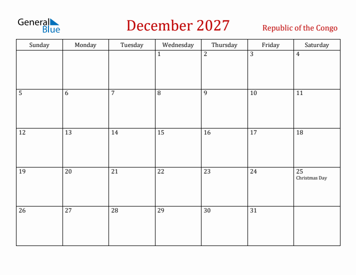 Republic of the Congo December 2027 Calendar - Sunday Start