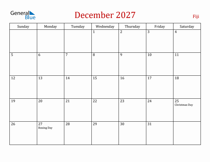 Fiji December 2027 Calendar - Sunday Start
