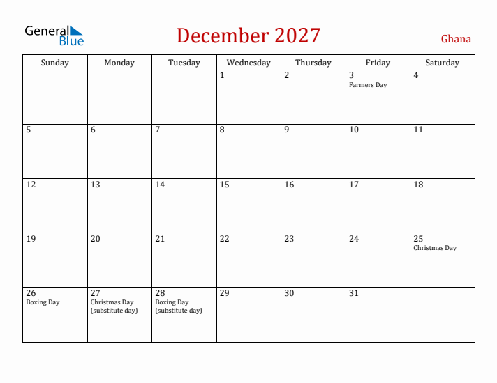 Ghana December 2027 Calendar - Sunday Start