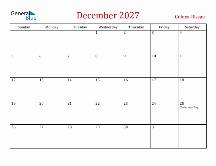 Guinea-Bissau December 2027 Calendar - Sunday Start