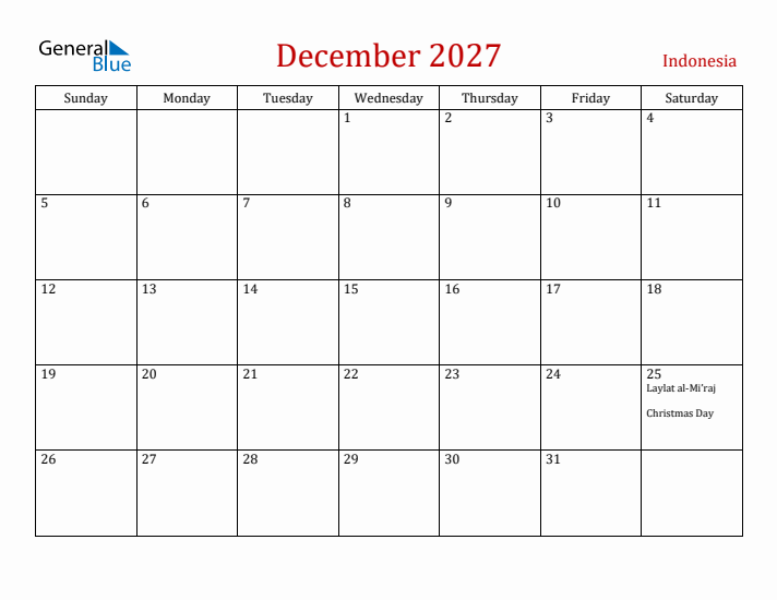 Indonesia December 2027 Calendar - Sunday Start