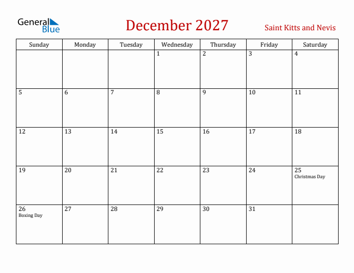 Saint Kitts and Nevis December 2027 Calendar - Sunday Start
